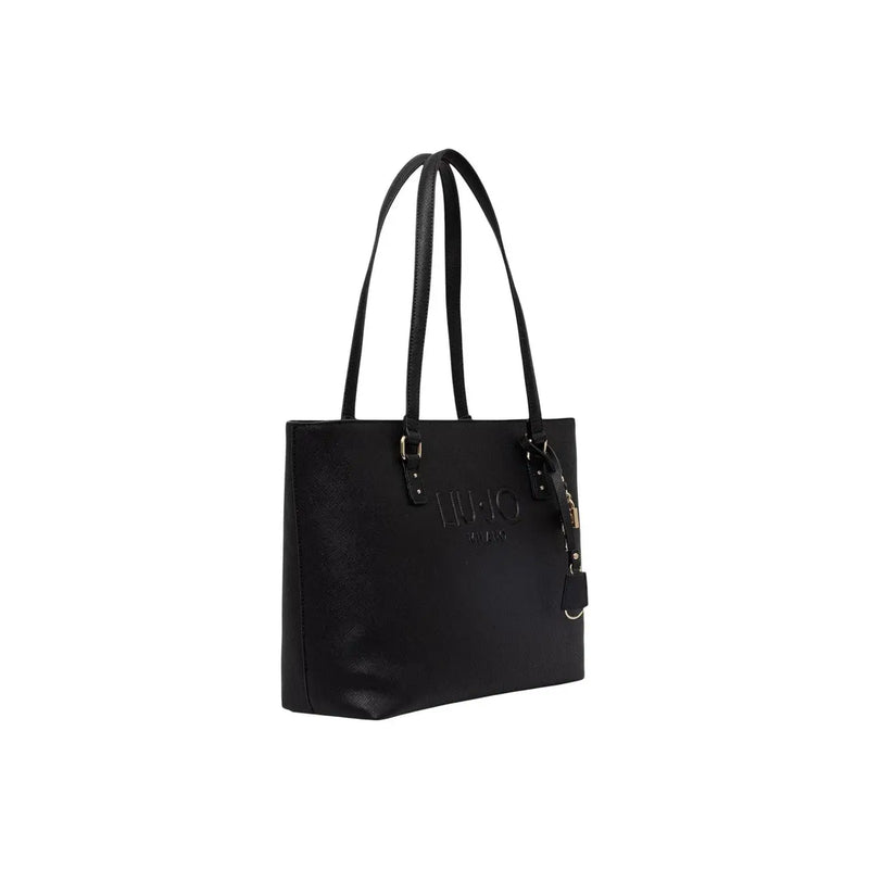Liu jo black leather tote bag with embossed logo and matching shoulder straps featuring an inside pocket