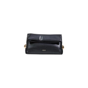 Liu Jo black glossy leather clutch with gold-tone spherical handles and minimalist logo embossed on the front