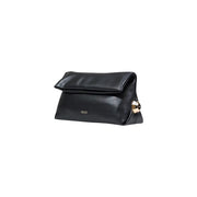 Liu Jo black polyurethane handbag with interior pocket featuring a black leather clutch and gold-tone geometric clasp
