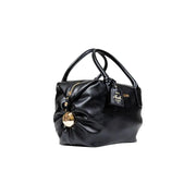 Black leather Liu Jo handbag with top zipper, rolled handles, and gold charm