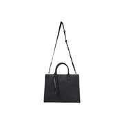 Black leather juicy couture tote bag with top handles and adjustable shoulder strap for versatile carrying