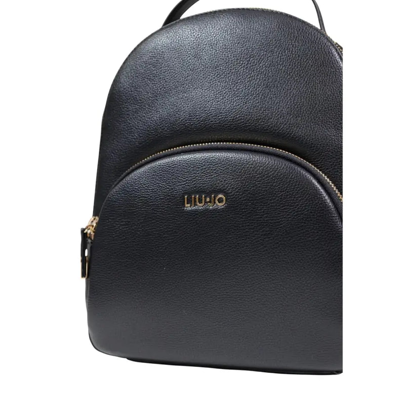 Liu jo black leather rucksack with gold-tone logo, zipper hardware, and multiple pockets 26x30x13 cm
