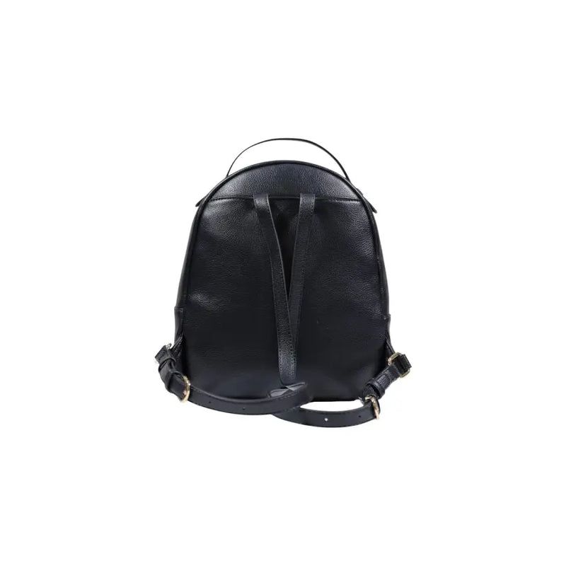 Liu jo black rucksack with zip and pockets in black leather with textured surface and adjustable straps back view