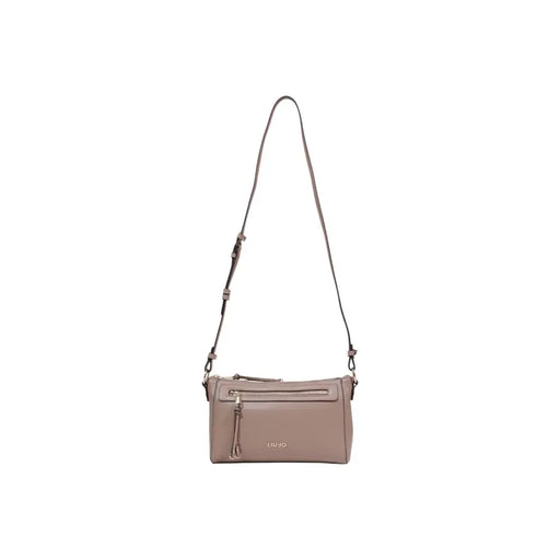 Sleek taupe Liu Jo leather crossbody bag with zipper, pockets, minimalist design