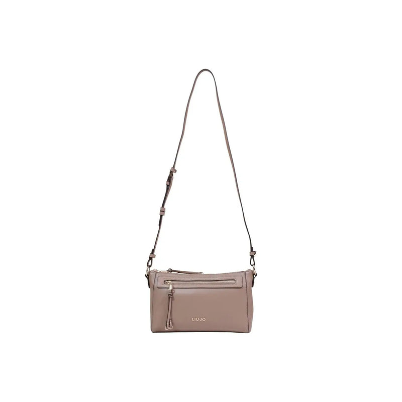 Sleek taupe Liu Jo leather crossbody bag with zipper, pockets, minimalist design
