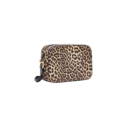 Liu jo brown leopard print shoulder bag with zip pocket featuring gold-tone hardware and black wrist strap