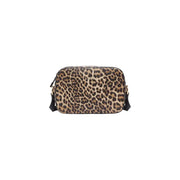 Liu Jo brown leopard print camera bag with black straps, gold-tone hardware, and zip pocket for shoulder wear