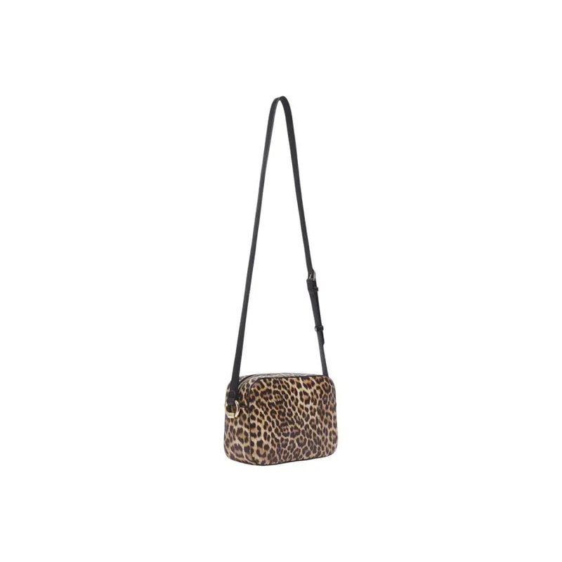 Liu jo brown leopard print shoulder bag with zip pocket featuring black strap and gold tone hardware