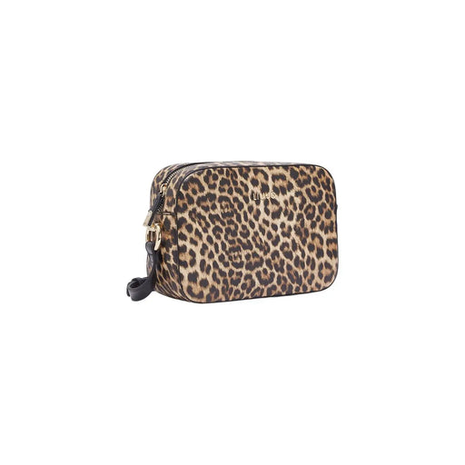 Liu jo brown leopard print shoulder bag with zip pocket featuring gold-tone hardware and black wrist strap