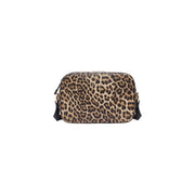 Liu Jo brown leopard print camera bag with black straps, gold-tone hardware, and zip pocket for shoulder wear