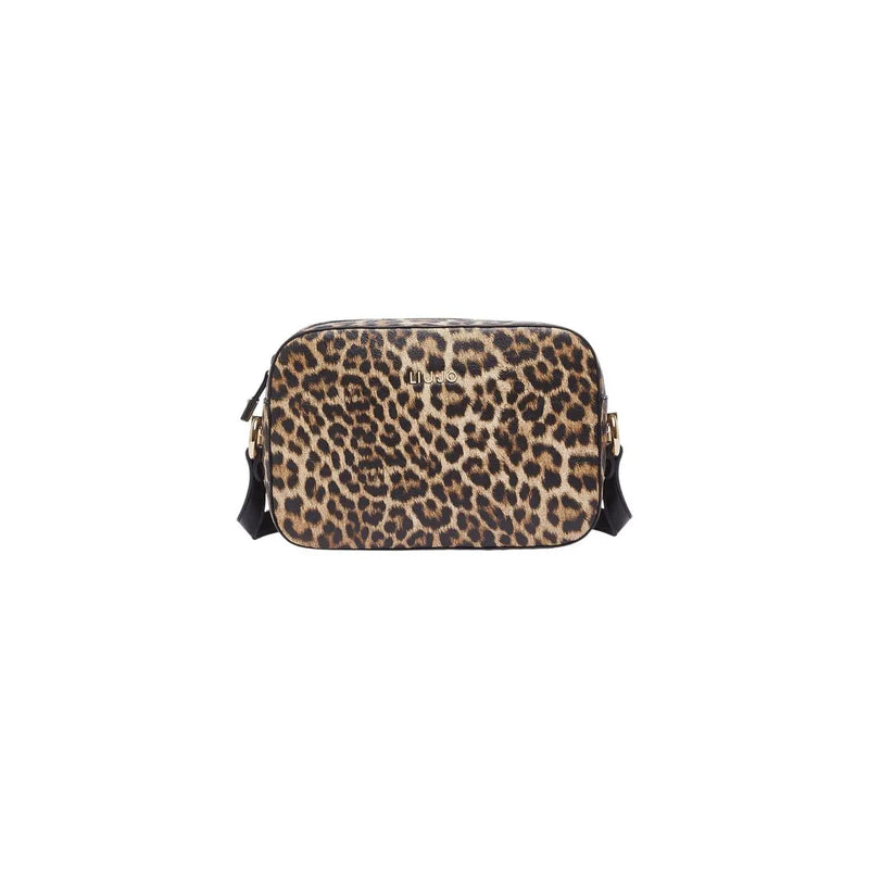 Liu Jo brown leopard print camera bag with black straps, gold-tone hardware, and zip pocket for shoulder wear