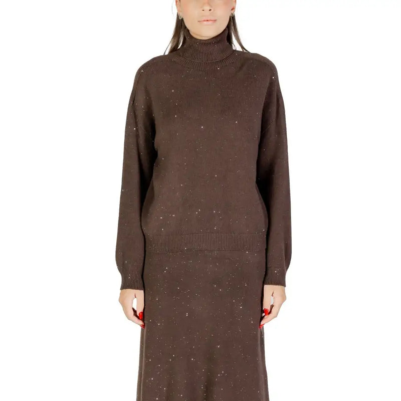 Brown knit turtleneck sweater and matching skirt with subtle sparkle details for women