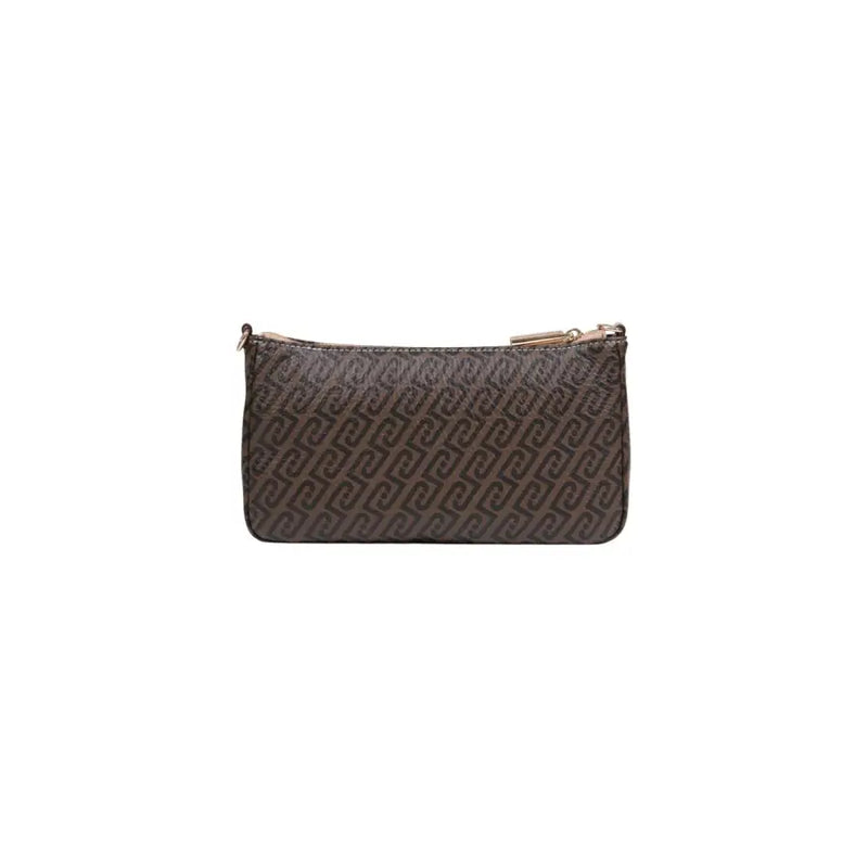 Liu Jo brown polyurethane zip bag with inside pocket featuring brown leather wallet with embossed logo pattern and gold zipper