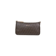 Liu jo brown polyurethane clutch with repeating monogram pattern and gold tone zipper with inside pocket