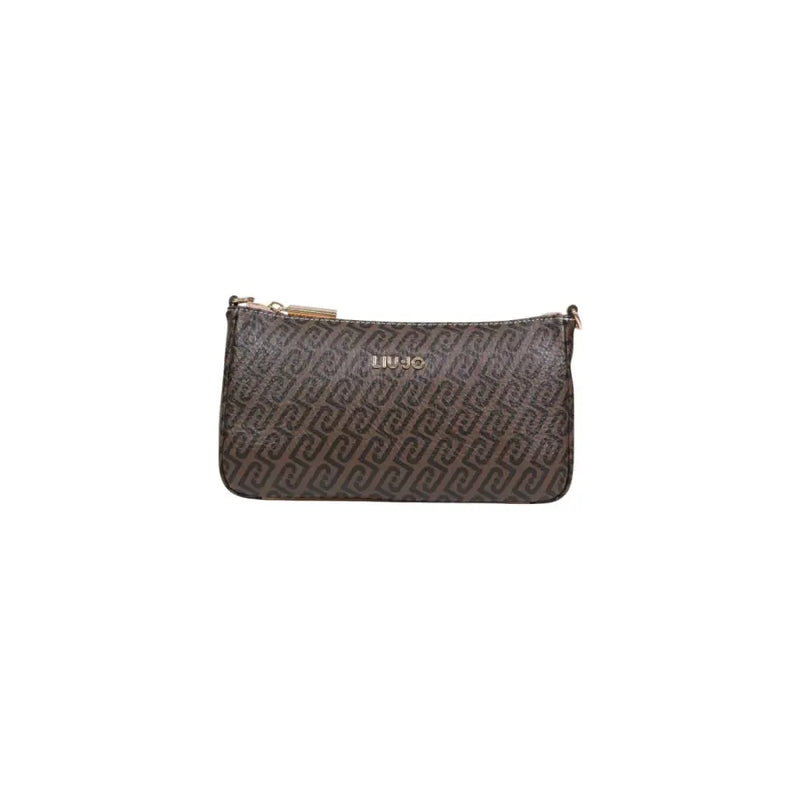 Liu jo brown polyurethane clutch with repeating monogram pattern and gold tone zipper with inside pocket