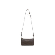 A sleek dark brown Liu Jo crossbody bag with repeating monogram pattern silver-tone hardware and inside pocket