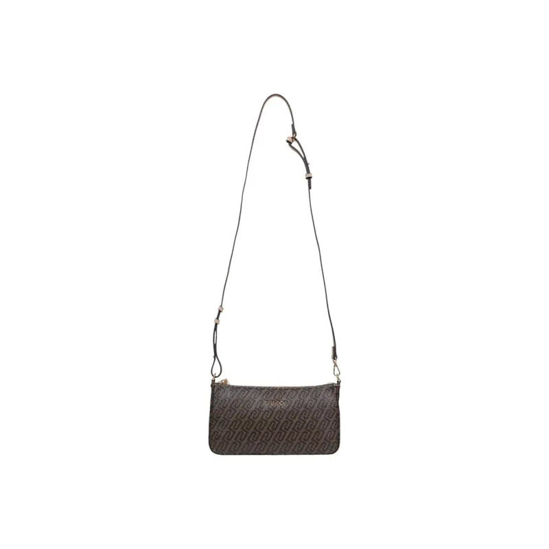 A sleek dark brown Liu Jo crossbody bag with repeating monogram pattern silver-tone hardware and inside pocket
