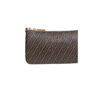 Liu Jo brown polyurethane zip bag with inside pocket featuring a brown wallet with black geometric pattern and gold zipper
