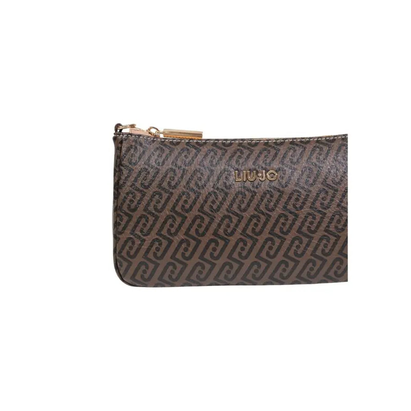 Liu Jo brown polyurethane zip bag with inside pocket featuring a brown wallet with black geometric pattern and gold zipper