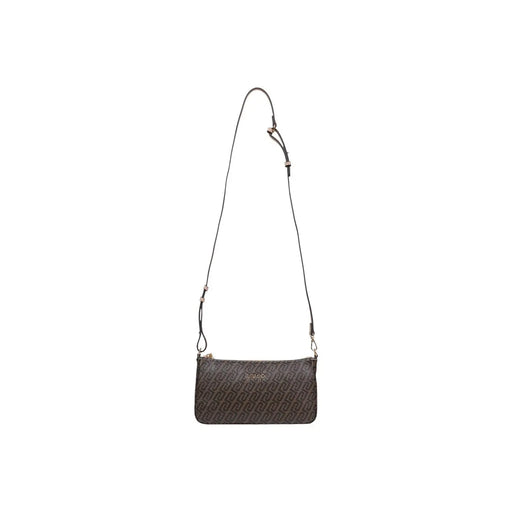 A sleek dark brown Liu Jo crossbody bag with repeating monogram pattern silver-tone hardware and inside pocket