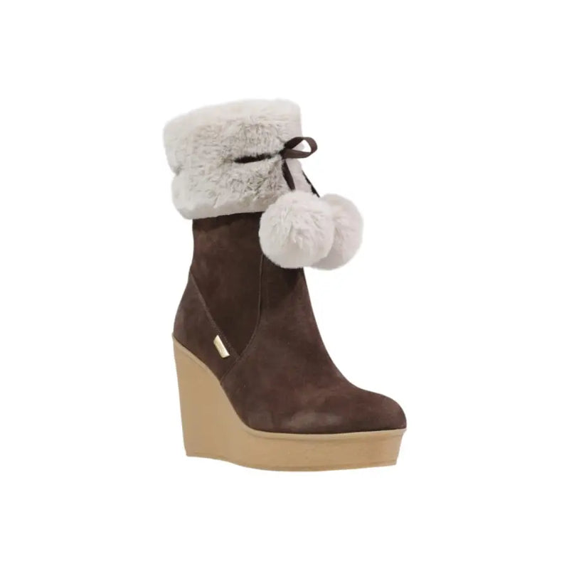 Liu Jo brown suede platform ankle boots with shearling cuff and pom-poms