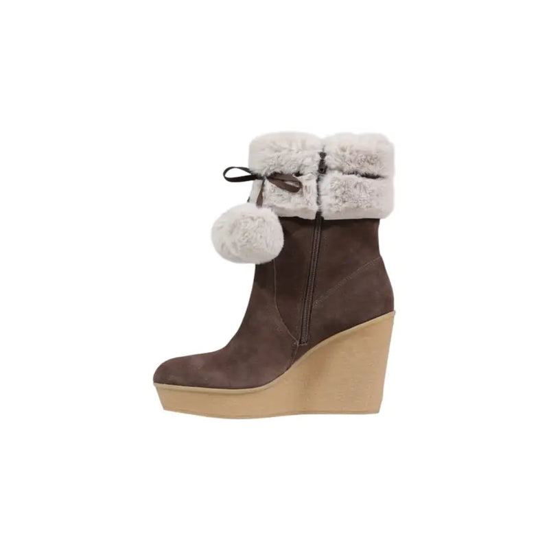 Liu Jo brown suede platform ankle boots with white faux fur cuff and pom-pom