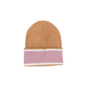 Tan ribbed knit beanie with pink and white striped cuff for Liu Jo Camel Print Rhinestone Cap