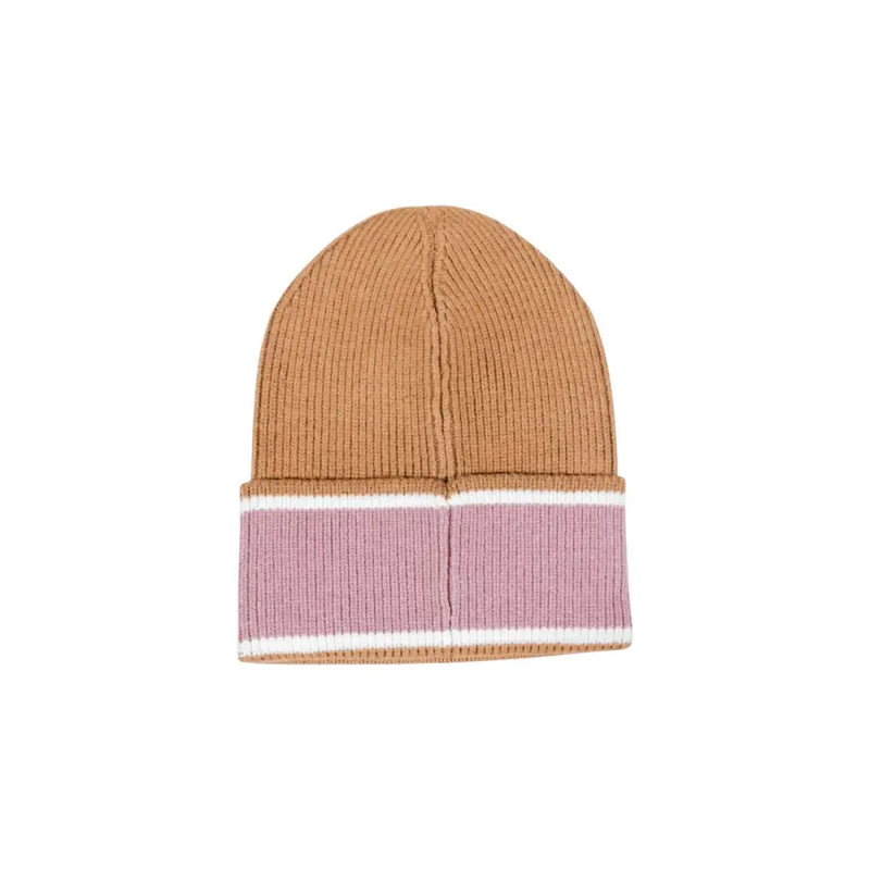 Tan ribbed knit beanie with pink and white striped cuff for Liu Jo Camel Print Rhinestone Cap