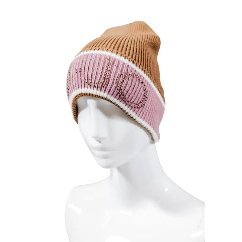 Ribbed knit beanie with wide pink band, subtle pattern, and white stripe accent for Liu Jo Camel Print Rhinestone Cap Fall Winter