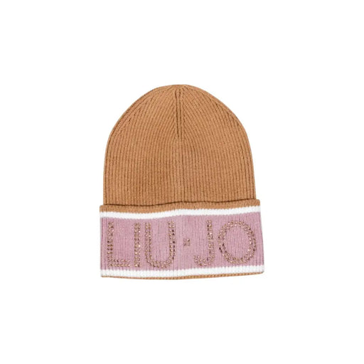 Tan ribbed knit beanie with pink fold-over cuff and sparkling LIU-JO lettering for fall winter