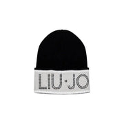 Black knit beanie with white fold-over cuff and LIU JO spelled in black studs
