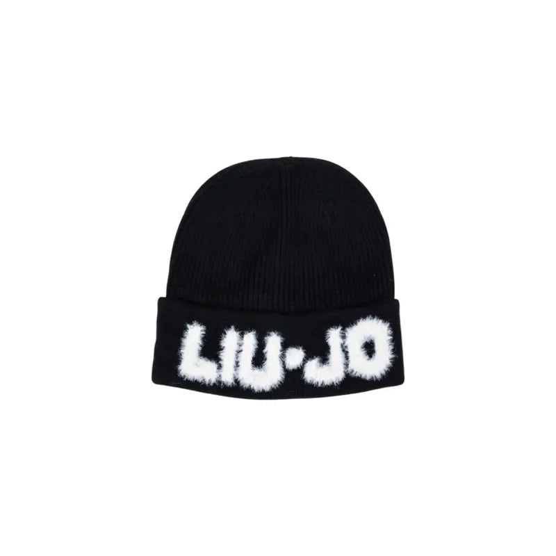 Black knit beanie with white fluffy LIU JO lettering on Liu Jo Camel Print Wool Blend Winter Cap