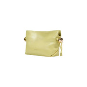 A sleek pale green leather Liu Jo clutch with gold hardware and matching wrist strap featuring an inside pocket