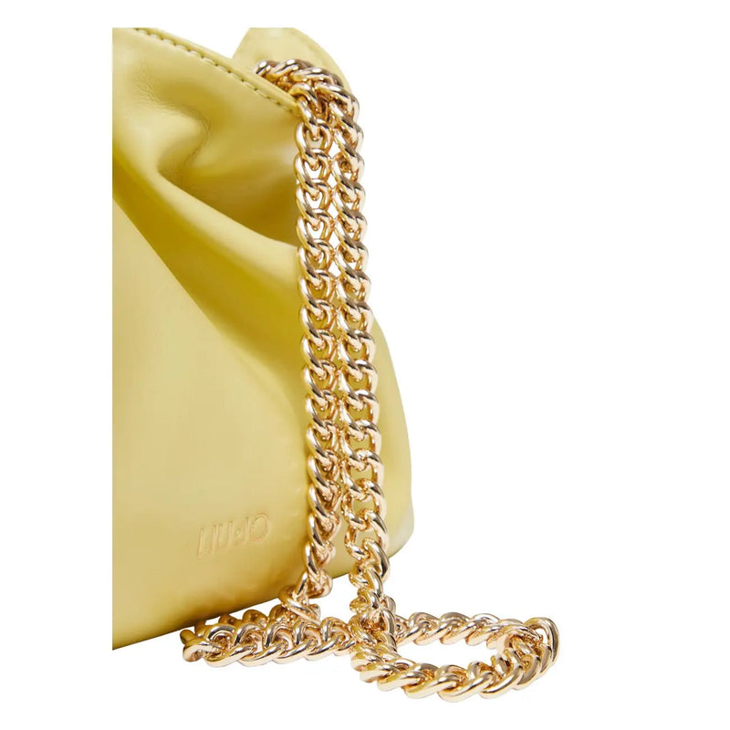 Liu Jo pale yellow glossy silicone handbag with gold metal chain strap and inside pocket for secure storage