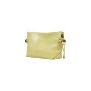 A sleek pale green leather Liu Jo clutch with gold hardware and matching wrist strap featuring an inside pocket