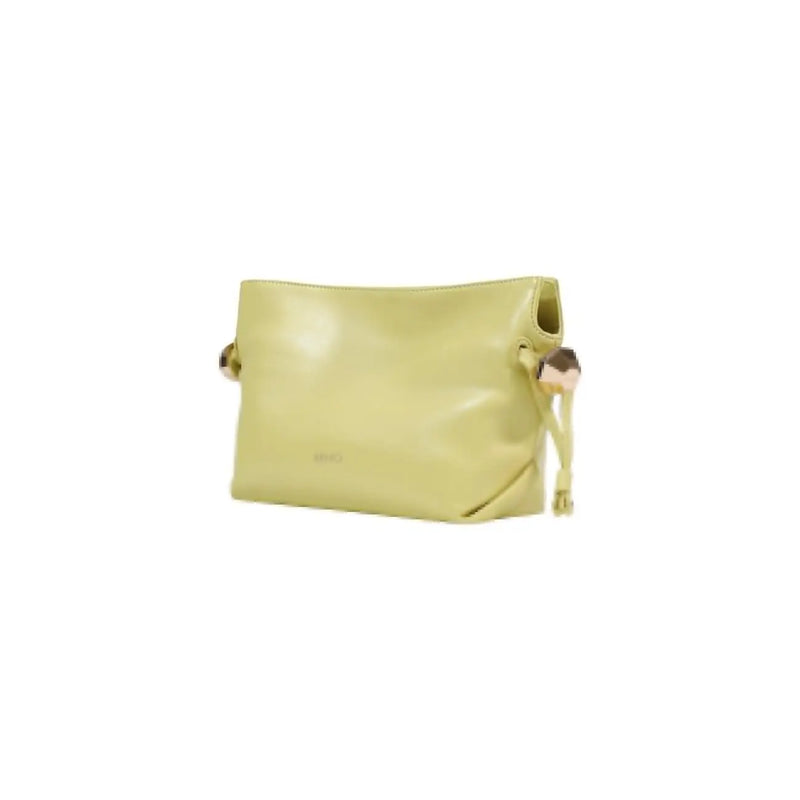 A sleek pale green leather Liu Jo clutch with gold hardware and matching wrist strap featuring an inside pocket