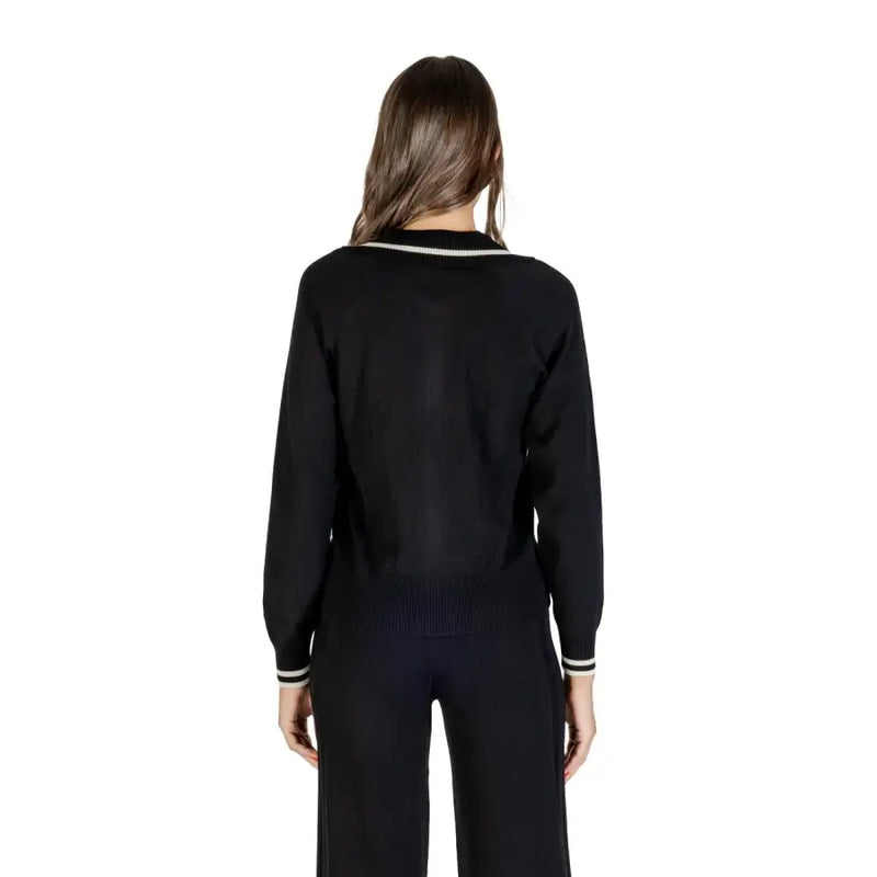 Black knit Liu Jo long zip cardigan for women with white ribbed trim at neckline and cuffs