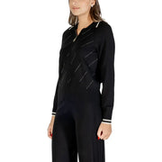 Liu Jo long black knit zip-up cardigan for women with white diagonal stitch detailing and ribbed cuffs