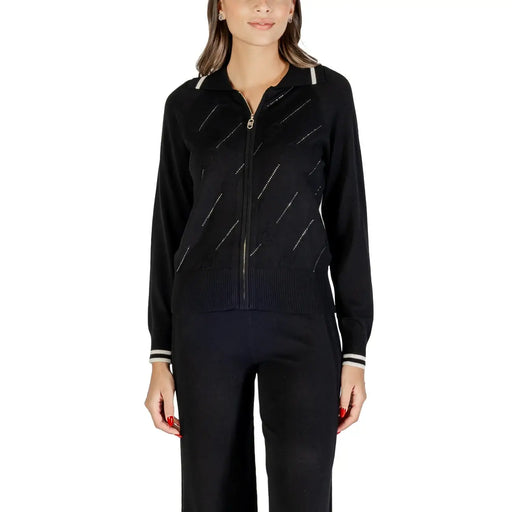 Liu jo long black zip knit cardigan for women with white diagonal stitch accents and ribbed cuffs
