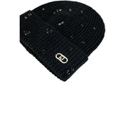 Black knitted beanie with rhinestones and silver metal logo for Liu Jo Fall Winter collection