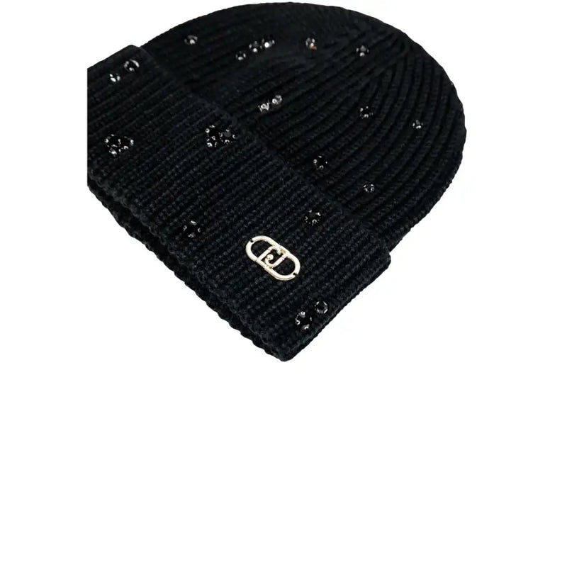 Black knitted beanie with rhinestones and silver metal logo for Liu Jo Fall Winter collection