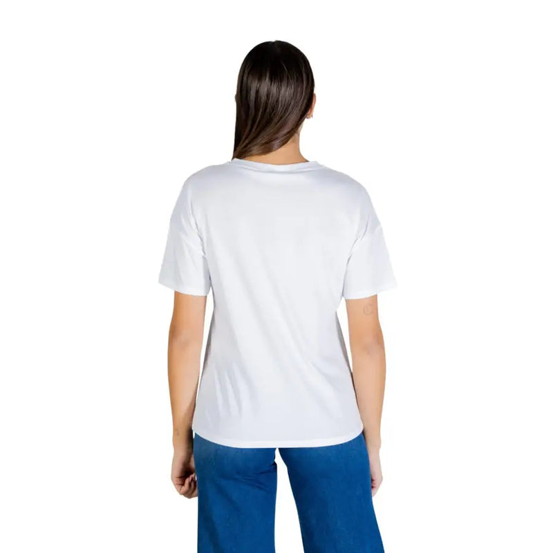 Liu jo white cotton t-shirt with rhinestone print detail featuring a relaxed fit and short sleeves