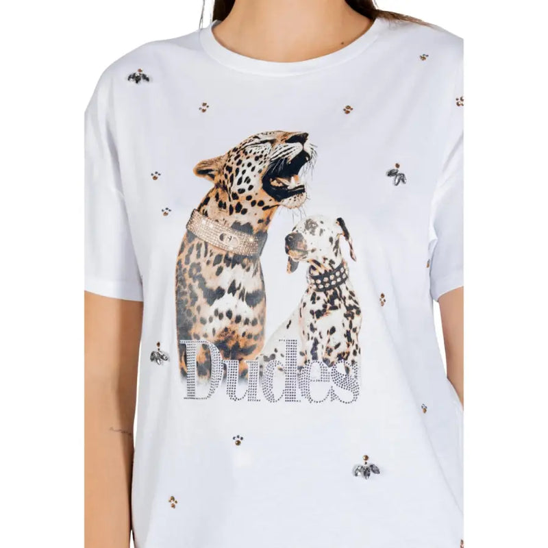 Liu Jo white cotton t-shirt with bold leopard and dalmatian graphic and rhinestone collar accents with glittery dudes lettering