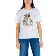 Liu jo white cotton short-sleeved t-shirt with detailed leopard and puppy graphic and rhinestone embellishments