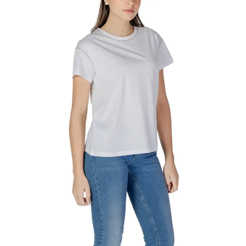 Liu Jo white cotton t-shirt with short sleeves and rhinestone embellished round neckline detailing