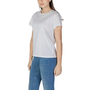 Liu Jo white cotton t-shirt with rhinestones featuring a silver chain trim on neckline and sleeve hems