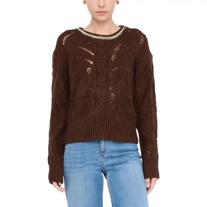 Liu Jo white long sleeve rhinestone knit sweater with brown cable lace patterns