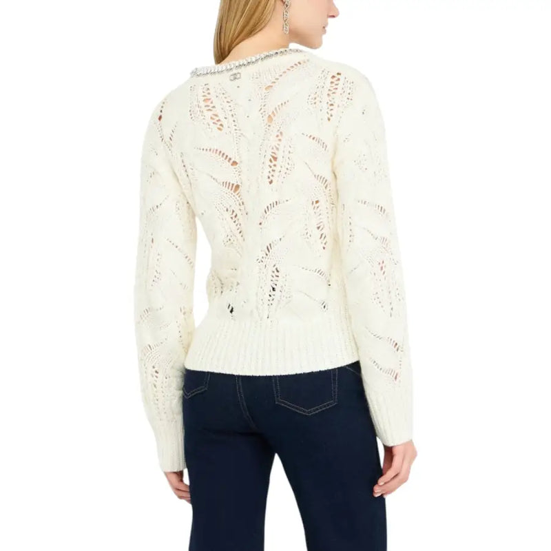 Liu Jo cream-colored long sleeve knit sweater with leaf lacework and ribbed hem
