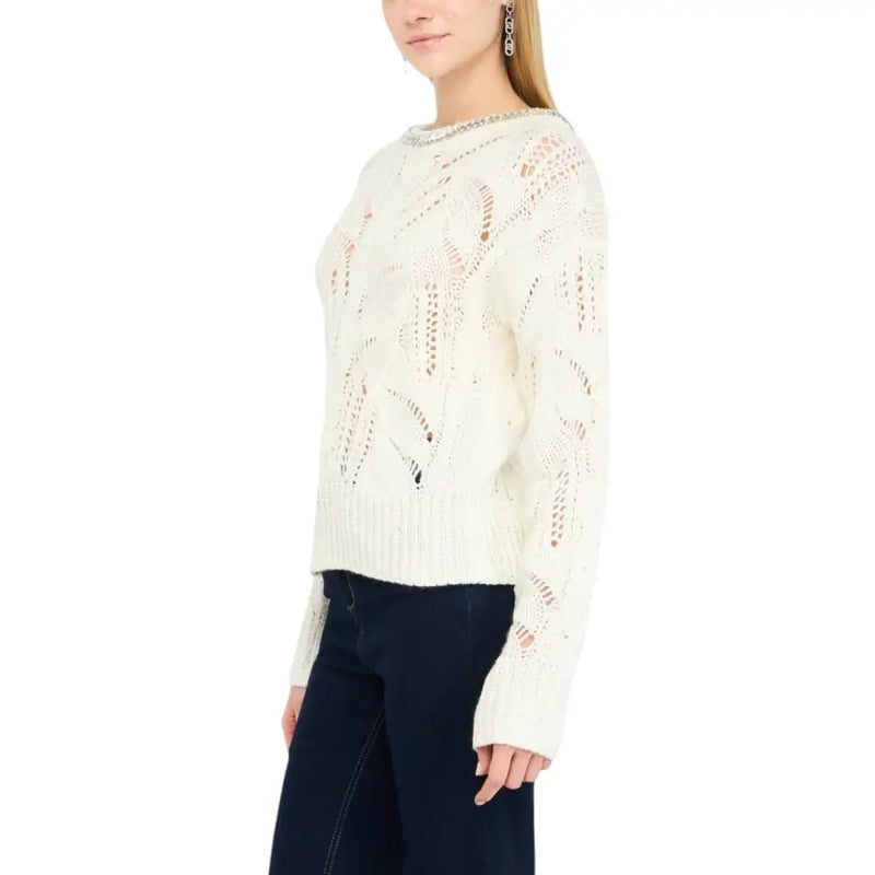 Liu Jo cream-colored long sleeve rhinestone knit sweater with lace patterns