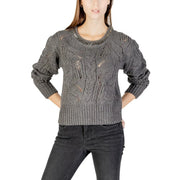 Liu jo white long sleeve rhinestone knit sweater in dark gray cable-knit pattern with textured design and ribbed cuffs